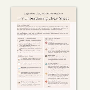 May include: A cream-colored cheat sheet titled "IFS Unburdening Cheat Sheet" with text about Internal Family Systems, including steps to unburden oneself. The sheet includes sections on signs of carrying a burden and quick unburdening rituals.