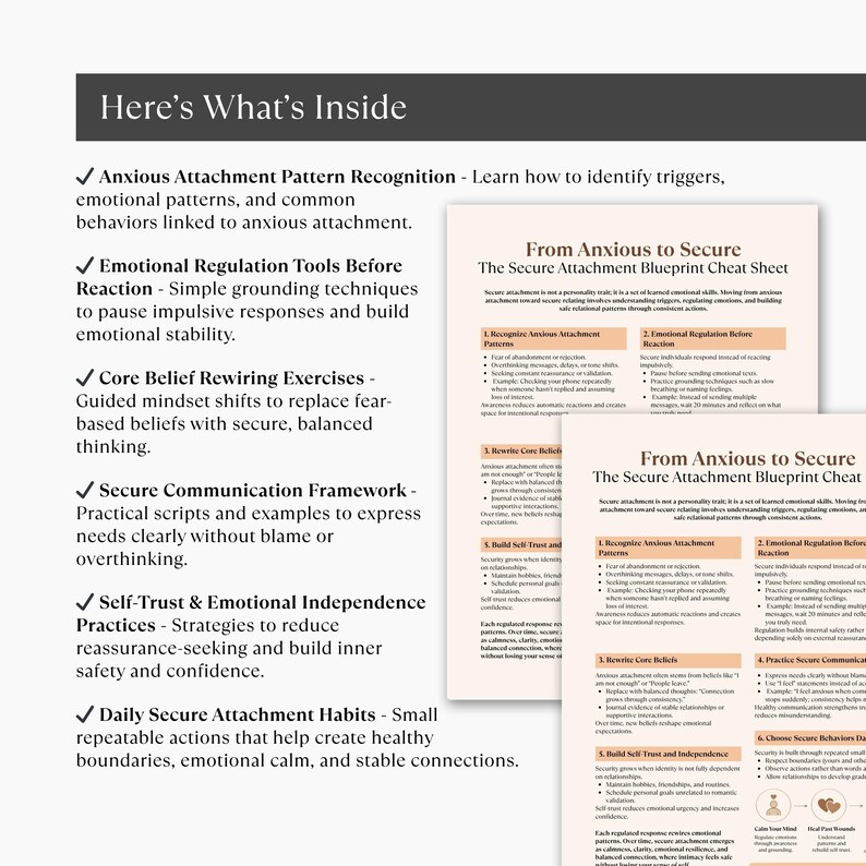 May include: A white and black document titled "From Anxious to Secure" with bullet points and text. The document is a cheat sheet about secure attachment. The text includes topics like emotional regulation and communication.