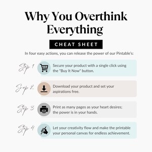 Puede incluir: Un imprimible blanco con el t&iacute;tulo "Why You Overthink Everything" y las palabras "Cheat Sheet" en un rect&aacute;ngulo negro. Los pasos para usar el imprimible se enumeran a continuaci&oacute;n.