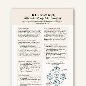 May include: An informational sheet titled "OCD Cheat Sheet (Obsessive-Compulsive Disorder)" with text explaining intrusive thoughts, compulsive behaviors, and strategies for managing them. Includes sections on ERP, grounding, and cognitive shifts.