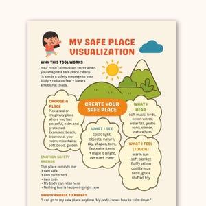 May include: An infographic titled "My Safe Place Visualization" with illustrations and text. It details how to create a safe space, including what to see, hear, and feel. The image includes a sun, mountains, and a cloud, with a child illustration.