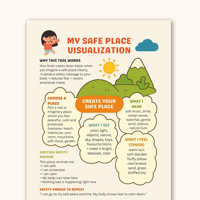 Puede incluir: Infograf&iacute;a colorida titulada "My Safe Place Visualization" con texto e ilustraciones. Explica c&oacute;mo crear un espacio seguro, incluyendo qu&eacute; ver, o&iacute;r y sentir. La imagen incluye un sol, monta&ntilde;as y una nube, con un ni&ntilde;o ilustrado.
