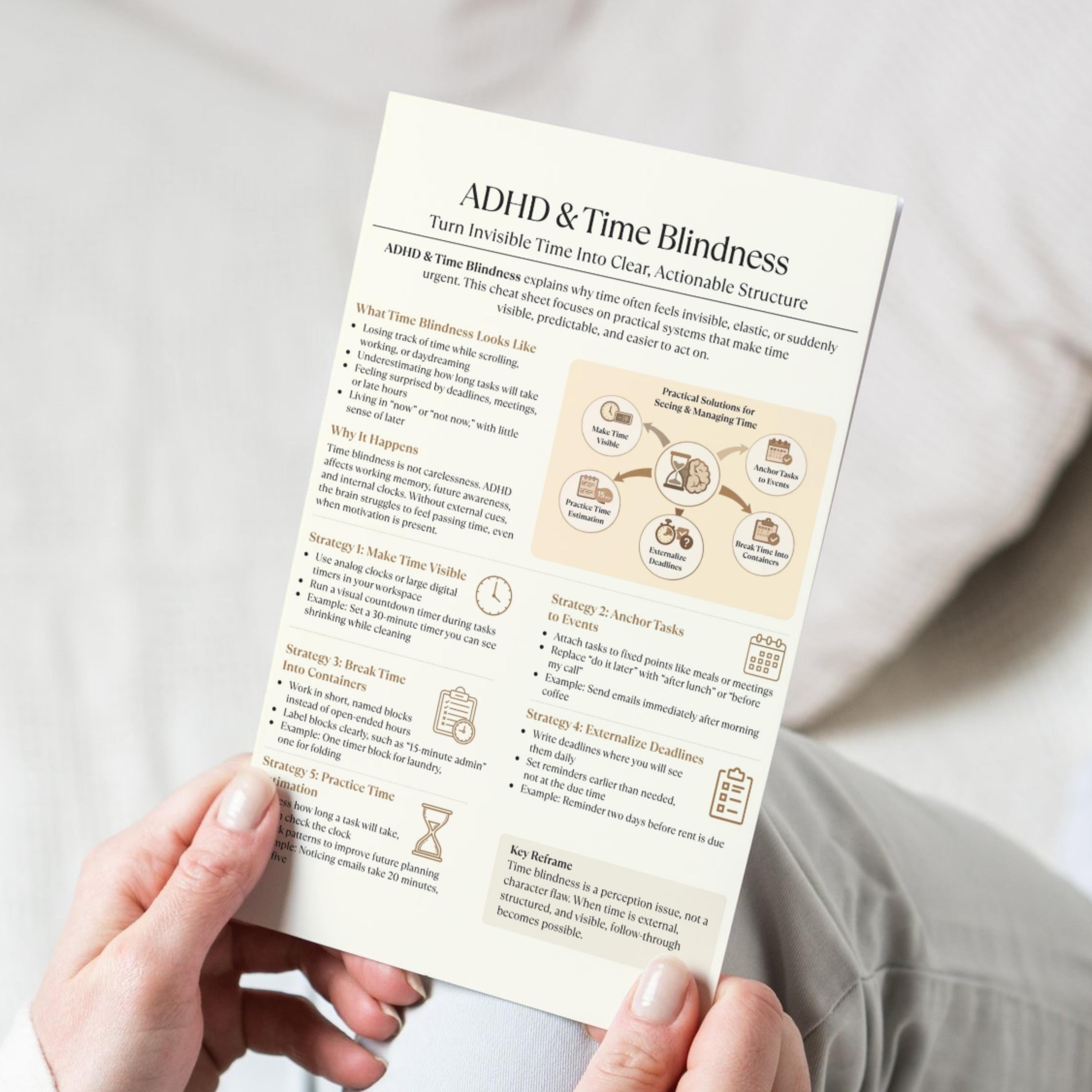 ADHD Time Blindness Cheat Sheet, Time Management Printable for Adults ...