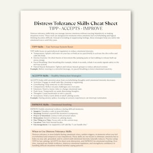 May include: A white cheat sheet titled "Distress Tolerance Skills Cheat Sheet" with the acronyms TIPP, ACCEPTS, and IMPROVE. The sheet lists strategies for managing intense emotions, including fast nervous system reset, healthy distraction, and emotional soothing techniques.