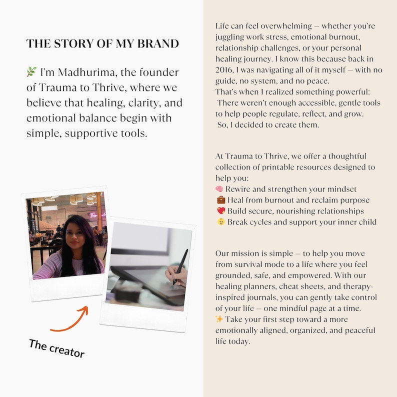 Trauma to Thrive brand story page featuring creator Madhurima and mission statement, showcasing healing printables and emotional wellness tools.