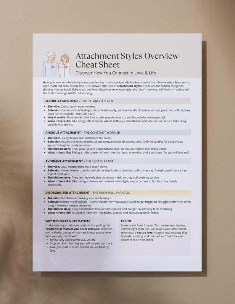 Printable cheat sheet mockup displayed flat against a wall, showcasing the overview of all four attachment styles in a clean and modern design.
