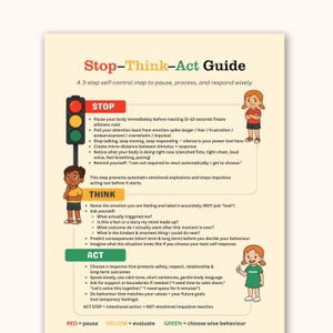 May include: A self-control guide titled "Stop-Think-Act Guide" with a traffic light graphic. The guide outlines a 3-step process: Stop, Think, and Act, with detailed instructions for each step. The guide uses illustrations of children and is designed to help manage emotions.
