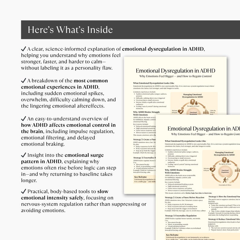 May include: A page titled "Here's What's Inside" with bullet points detailing emotional dysregulation in ADHD. The image also shows two pages titled "Emotional Dysregulation in ADHD", offering insights into managing emotions and regaining control.