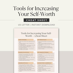 Tools for Increasing Your Self-Worth Cheat Sheet cover mockup with elegant typography, minimal beige background, and bold title showing US Letter printable format by Trauma to Thrive.
