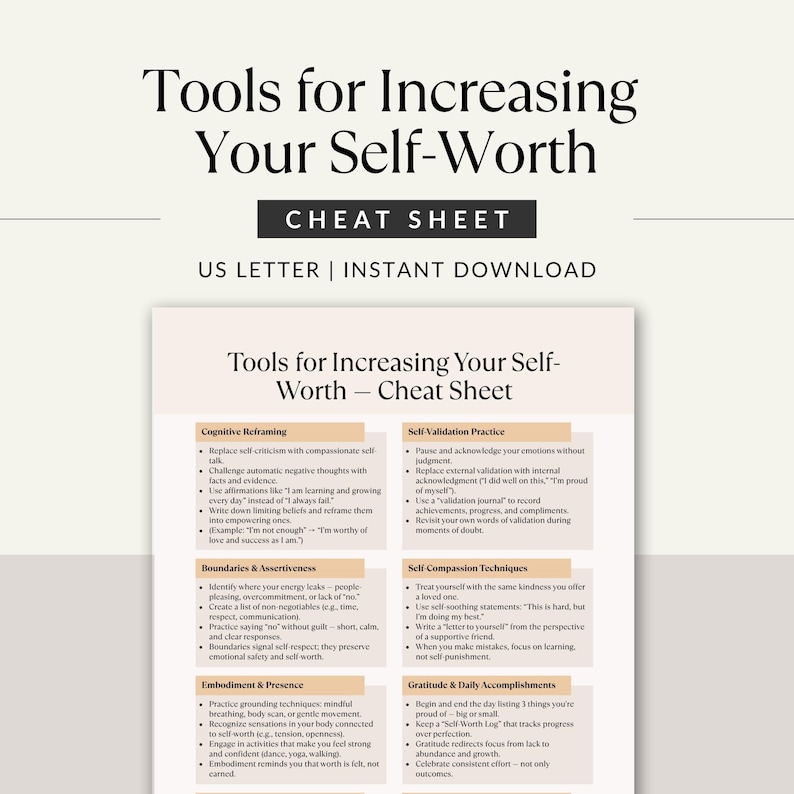 Tools for Increasing Your Self-Worth Cheat Sheet cover mockup with elegant typography, minimal beige background, and bold title showing US Letter printable format by Trauma to Thrive.