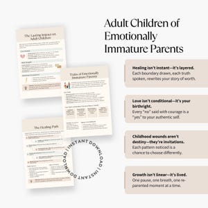 Mockup of cheat sheet pages with affirmations on the right, including lines like “Healing isn’t instant—it’s layered” and “Love isn’t conditional—it’s your birthright.” Instant download circle stamp included.