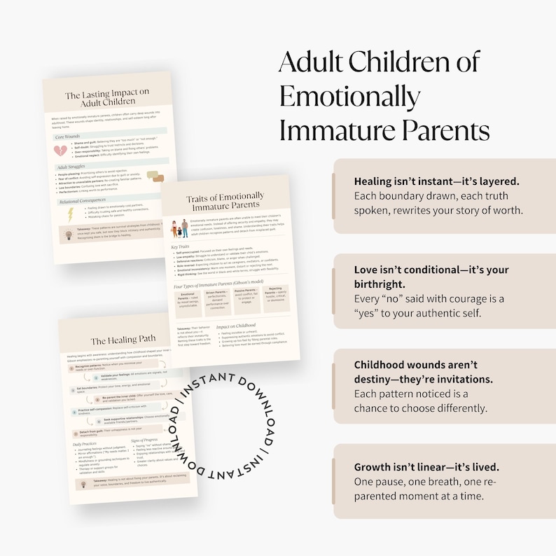 Mockup of cheat sheet pages with affirmations on the right, including lines like “Healing isn’t instant—it’s layered” and “Love isn’t conditional—it’s your birthright.” Instant download circle stamp included.