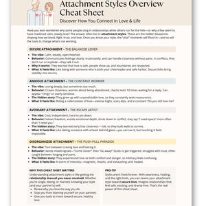 Attachment Styles Overview Cheat Sheet, Relationship Guide, Secure vs Anxious vs Avoidant, Therapy Tool, Couples and Self Awareness PDF