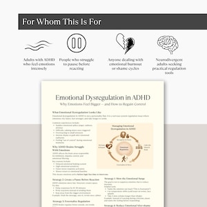 May include: A graphic detailing emotional dysregulation in ADHD, with text on managing emotions. It's aimed at adults with ADHD, those who find it hard to pause, and individuals experiencing emotional burnout. The image includes diagrams and strategies.