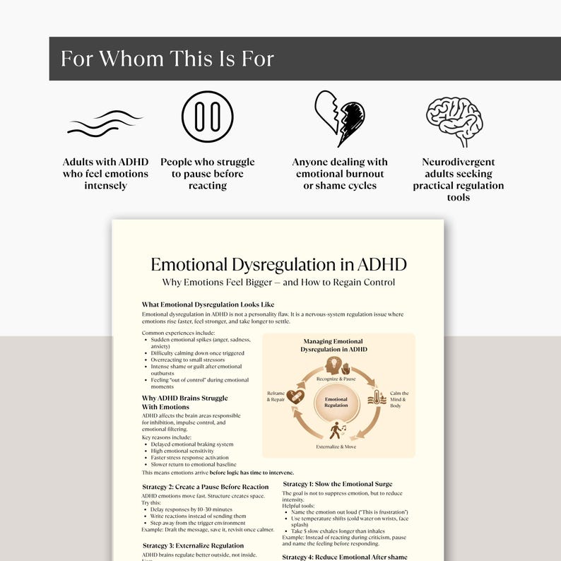 May include: A graphic detailing emotional dysregulation in ADHD, with text on managing emotions. It's aimed at adults with ADHD, those who find it hard to pause, and individuals experiencing emotional burnout. The image includes diagrams and strategies.