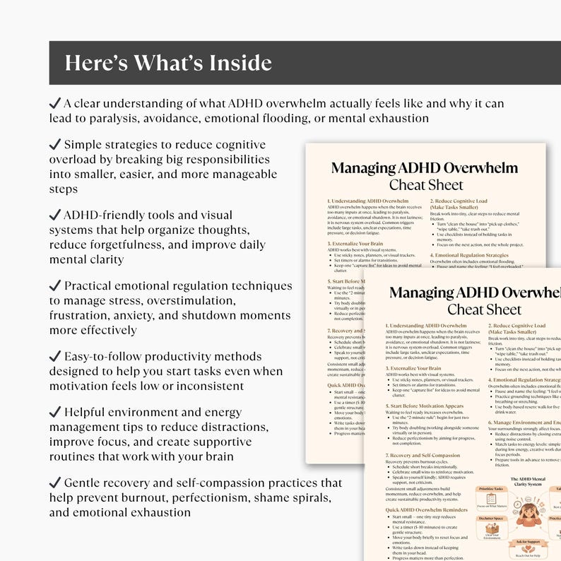 ADHD Overwhelm Cheat Sheet Printable, Executive Function & Task ...