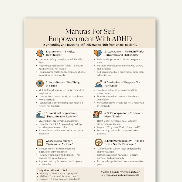 ADHD Mantras Cheat Sheet for Adults, Self Regulation Printable PDF
