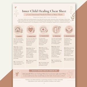May include: A beige printable document titled Inner Child Healing Cheat Sheet with 5 Core Emotional Needs and How to Meet Them. It features icons for safety, affection, validation, freedom, and reassurance, plus a daily check-in section with text.