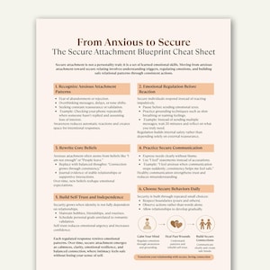 May include: A white paper titled "From Anxious to Secure" with the subtitle "The Secure Attachment Blueprint Cheat Sheet." The text provides guidance on understanding triggers, regulating emotions, and building safe relational patterns.