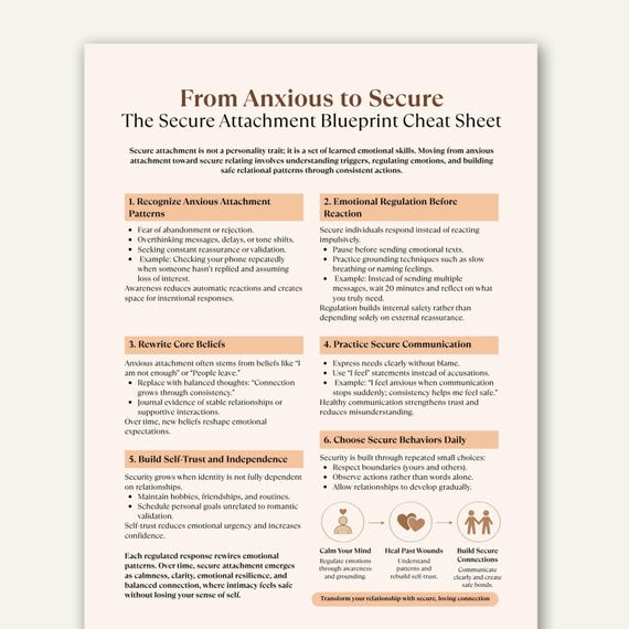 Anxious to Secure Attachment Cheat Sheet, Relationship Therapy (Digital Download)
