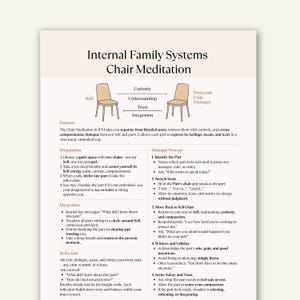 May include: A beige and white infographic titled "Internal Family Systems Chair Meditation." It details a process for self-reflection, including steps for identifying parts of the self, dialogue, and integration. The image includes two chairs.