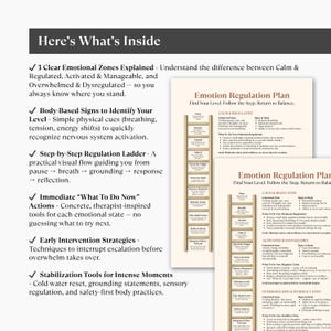 K&ouml;nnte beinhalten: Ein wei&szlig;es Dokument mit dem Titel "Here's What's Inside" mit Aufz&auml;hlungspunkten, die Werkzeuge zur Emotionsregulierung beschreiben. Zwei kleinere Dokumente mit dem Titel "Emotion Regulation Plan" sind ebenfalls sichtbar, mit Text und einer Leitergrafik.