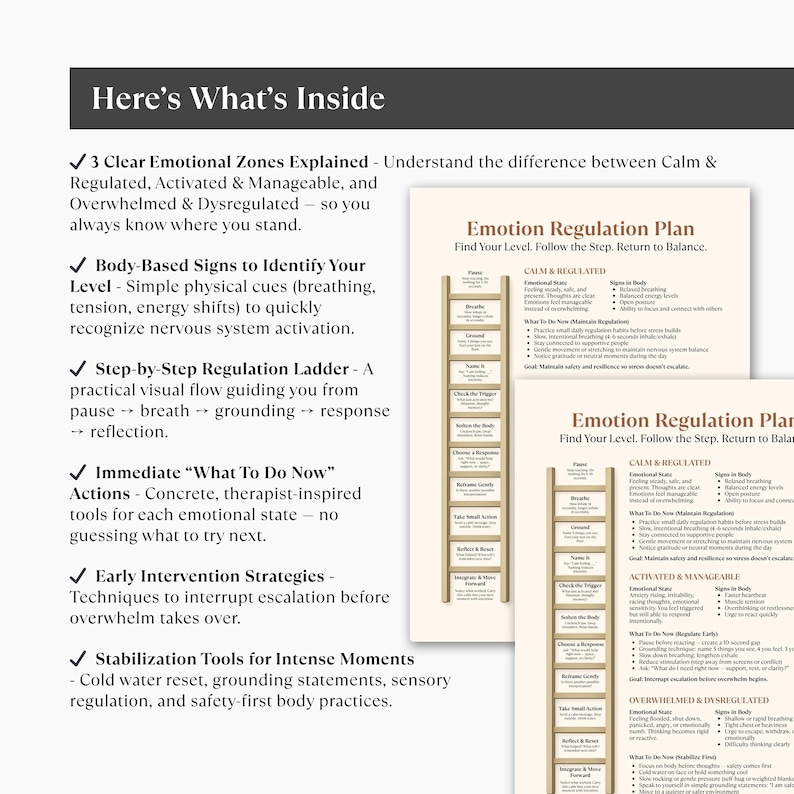 K&ouml;nnte beinhalten: Ein wei&szlig;es Dokument mit dem Titel "Here's What's Inside" mit Aufz&auml;hlungspunkten, die Werkzeuge zur Emotionsregulierung beschreiben. Zwei kleinere Dokumente mit dem Titel "Emotion Regulation Plan" sind ebenfalls sichtbar, mit Text und einer Leitergrafik.