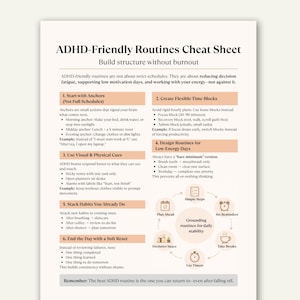 Può includere: Un foglio bianco con il titolo "ADHD-Friendly Routines Cheat Sheet" in testo nero. Offre consigli per la gestione delle routine, tra cui ancoraggi, blocchi temporali, segnali visivi e accumulo di abitudini, con icone.