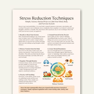 May include: A printed infographic titled "Stress Reduction Techniques" with tips to calm the mind and body. The graphic includes illustrations of breathing, setting routines, and releasing tensions. Text includes instructions for managing stress.