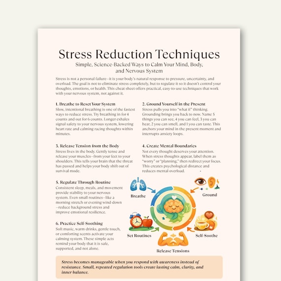 Stress Reduction Techniques Cheat Sheet, Nervous System Regulation and Anxiety Relief