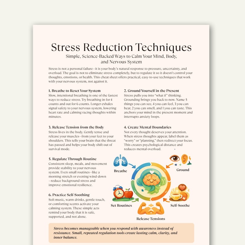 May include: A printed infographic titled "Stress Reduction Techniques" with tips to calm the mind and body. The graphic includes illustrations of breathing, setting routines, and releasing tensions. Text includes instructions for managing stress.