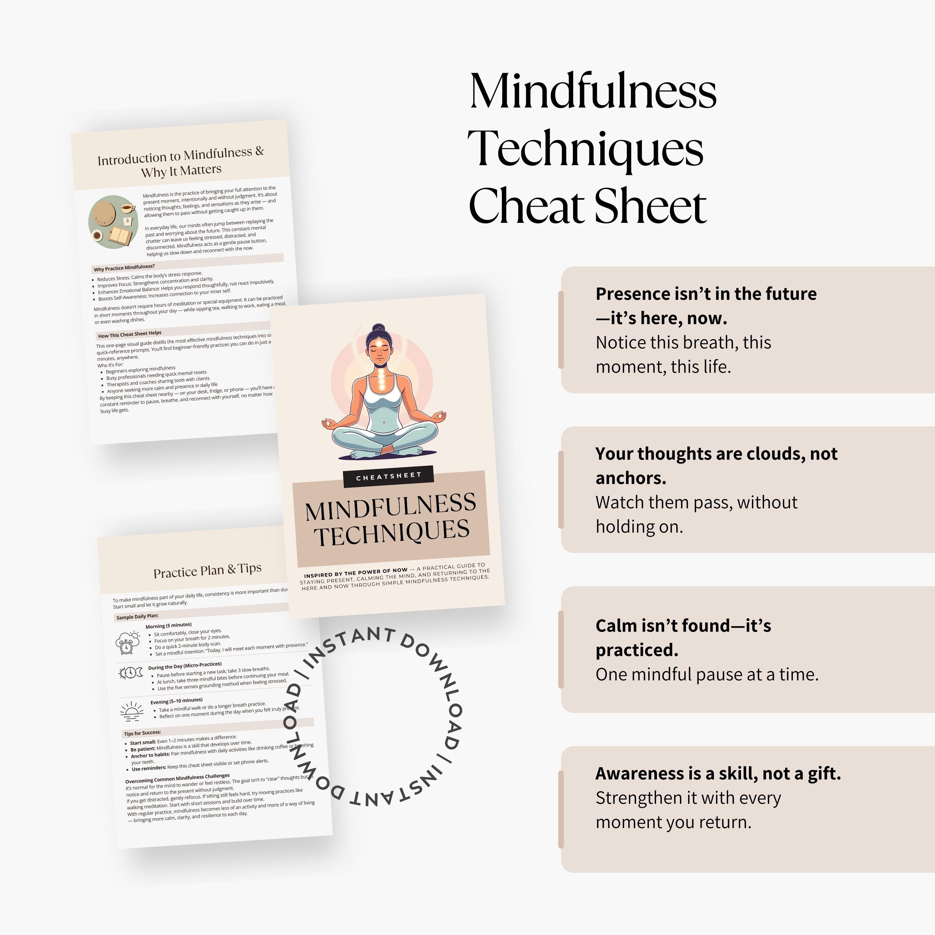 Mindfulness Techniques Cheat Sheet, Meditation and Stress Relief Printable, Daily Calm Self Care ...