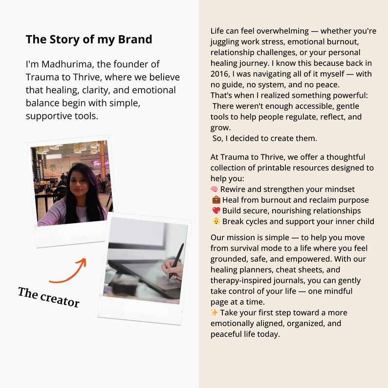Brand story mockup featuring the creator Madhurima, founder of Trauma to Thrive. Includes her photo, introduction, and mission statement describing the goal of creating supportive printable tools for emotional healing.