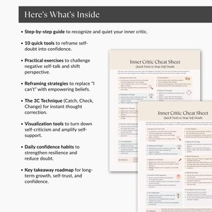 Here’s What’s Inside mockup page featuring bullet points of product benefits and a preview of the cheat sheet on the side.