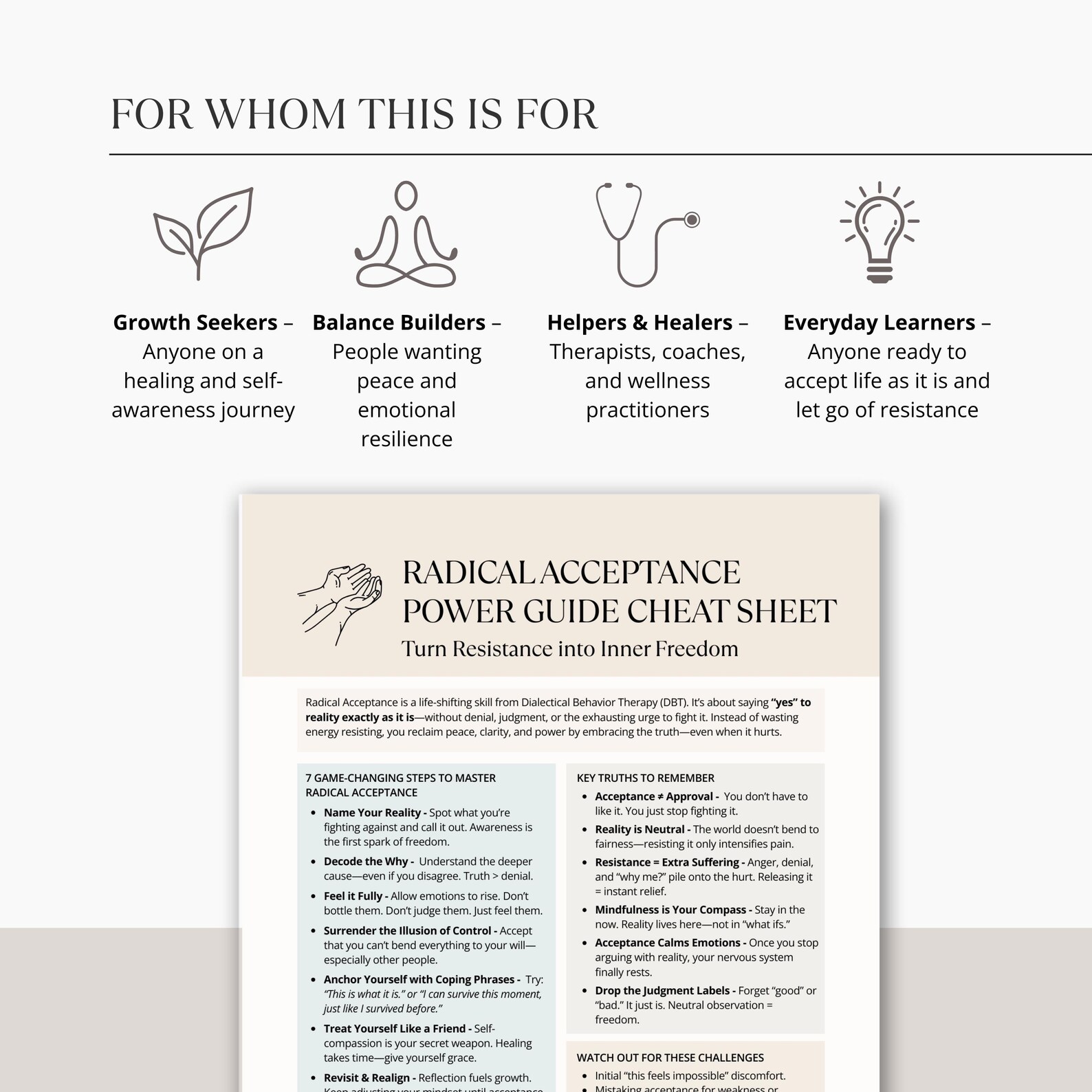 Radical Acceptance Cheat Sheet, Printable DBT Skills Guide, Therapy ...