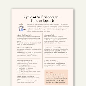 May include: A white paper titled "Cycle of Self-Sabotage - How to Break It" with text describing strategies to manage self-sabotage. The paper includes numbered steps and a key truth about self-sabotage.