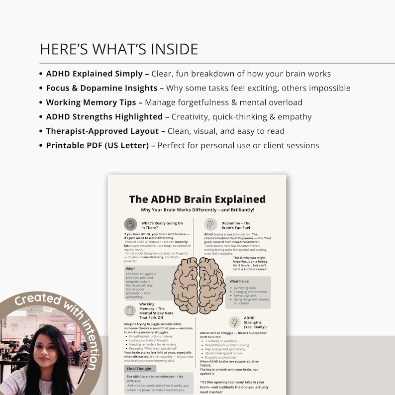 Printable ADHD brain hacks guide for boosting dopamine naturally and staying motivated – easy-to-read brain infographic