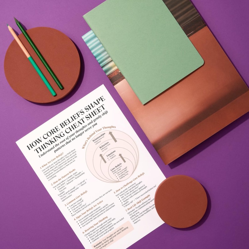 May include: A still-life composition featuring a printed "HOW CORE BELIEFS SHAPE THINKING CHEAT SHEET" on a purple surface. Accompanying items include a green notebook, a brown coaster, and two pencils. The text on the sheet is legible.