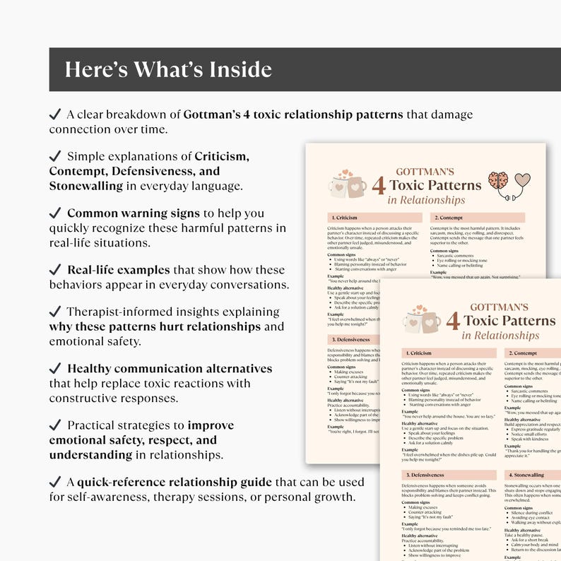 Gottman 4 Toxic Patterns Cheat Sheet, Couples Communication Guide ...