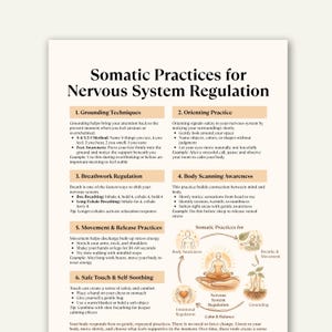 May include: A white paper titled "Somatic Practices for Nervous System Regulation" with text and illustrations. The document outlines grounding techniques, breathwork, and body awareness practices for stress management and emotional regulation.