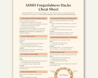 ADHD Forgetfulness Hacks Cheat Sheet, Memory and Focus Printable for Adults with ADHD