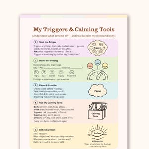 May include: A colorful infographic titled "My Triggers & Calming Tools" with steps to manage emotions. It includes sections on identifying triggers, naming feelings, and using calming techniques. The text includes the phrase "I can calm my mind."