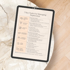 Digital iPad mockup displaying 7 Key Tools for Managing Depression cheat sheet, printable PDF for emotional wellness and CBT practice.