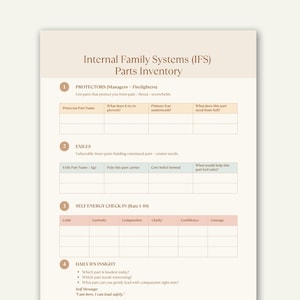 May include: A beige and white Internal Family Systems (IFS) Parts Inventory worksheet. The document includes sections for Protector Parts, Exiles, Self Energy Check-In, and Daily IFS Insight. The text is in black.
