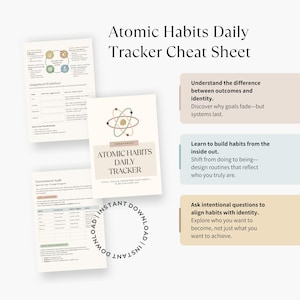 Atomic Habits cheat sheet with habit loop diagram and progress tracker template