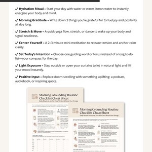 Here’s What’s Inside mock-up page showing checklist highlights like hydration ritual, morning gratitude, stretching, intention setting, light exposure, and positive input.