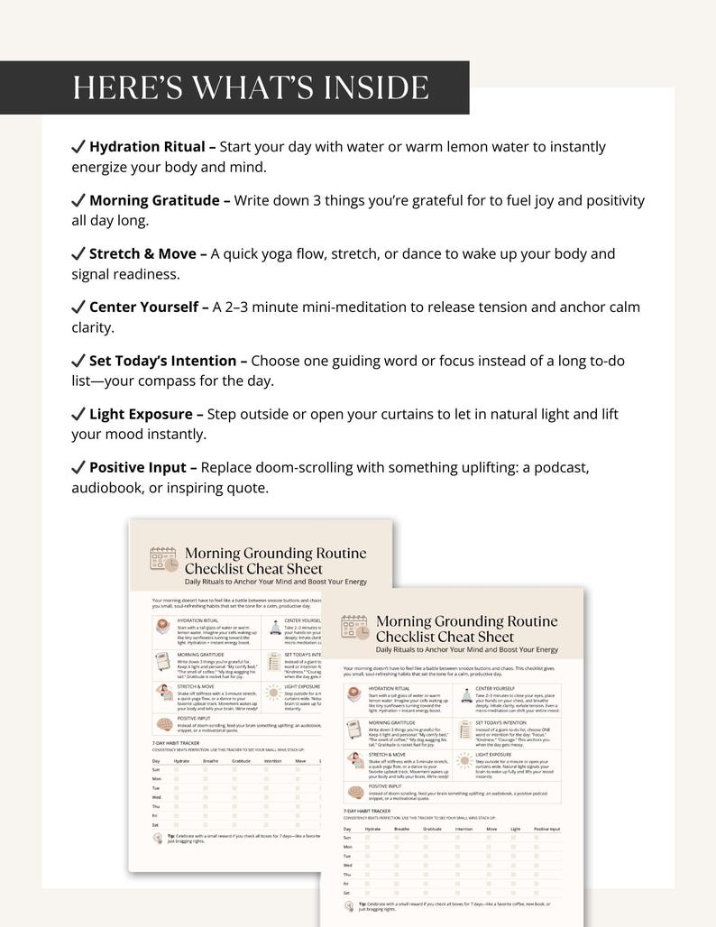 Here’s What’s Inside mock-up page showing checklist highlights like hydration ritual, morning gratitude, stretching, intention setting, light exposure, and positive input.