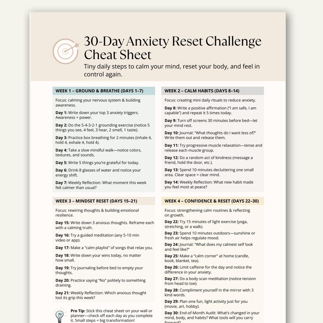 30 Day Anxiety Reset Challenge Cheat Sheet, Daily Calm Habits Printable ...