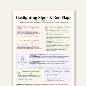 May include: An educational infographic titled Gaslighting Signs & Red Flags. It features six sections with text and icons, including What Is Gaslighting, Common Gaslighting Signs, Red Flags to Notice, What to Do, Grounding Reminder, and Quick Response Phrases.