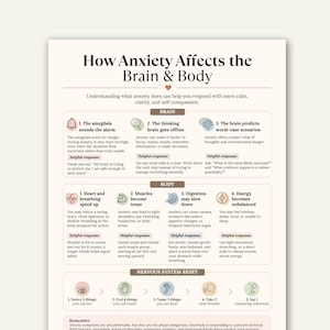 May include: An educational infographic titled How Anxiety Affects the Brain & Body. It features sections on brain and body responses to anxiety, including icons and text explaining the amygdala, thinking brain, heart, muscles, digestion, and energy.